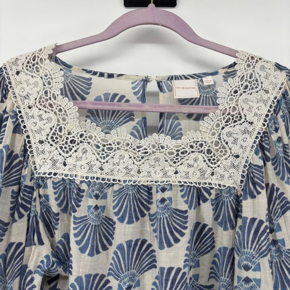 Zac‎ & Rachel Blue Shell Print Crochet Lace Square Neck Balloon Sleeve Blouse L